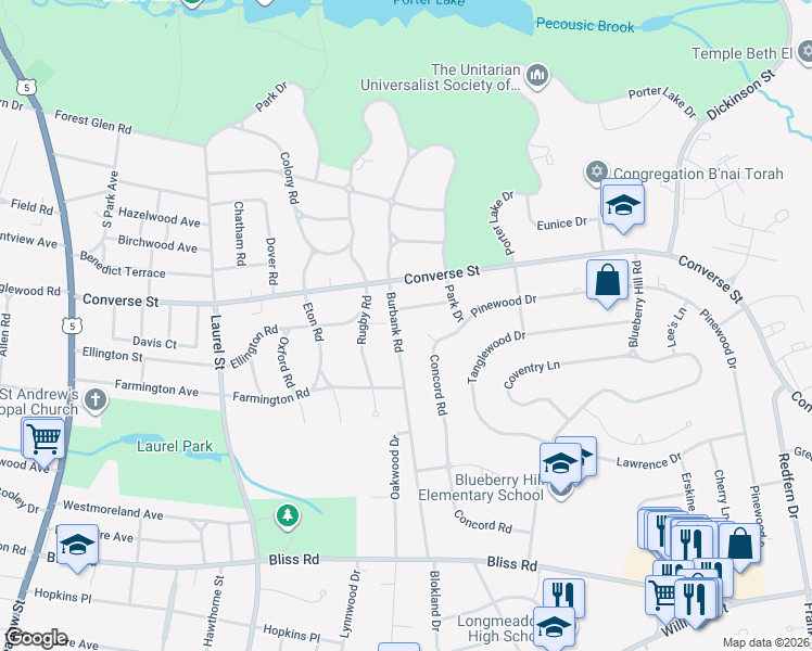 map of restaurants, bars, coffee shops, grocery stores, and more near 21 Colony Acres Road in Longmeadow