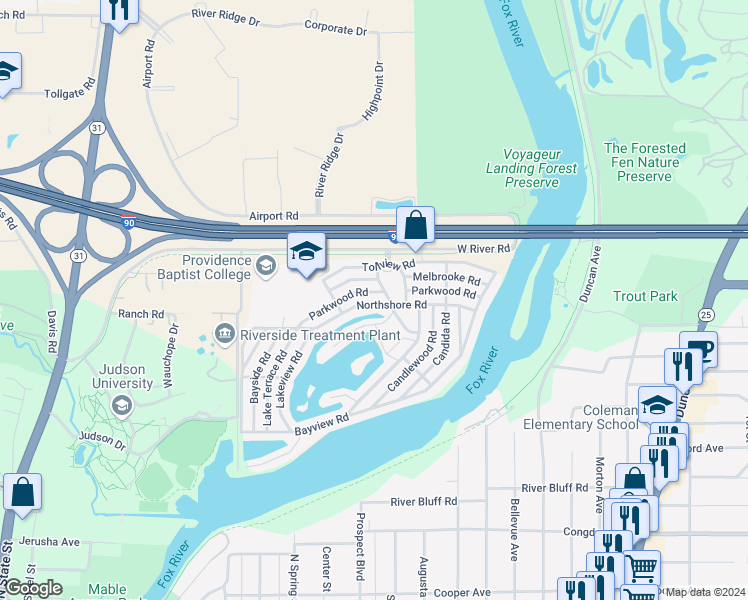 map of restaurants, bars, coffee shops, grocery stores, and more near 180 Northshore Road in Elgin