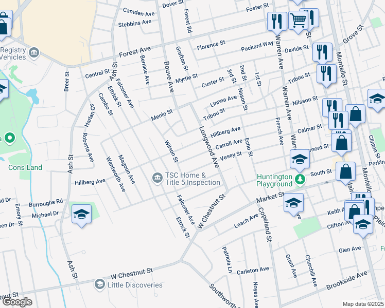 map of restaurants, bars, coffee shops, grocery stores, and more near 157 Carroll Avenue in Brockton