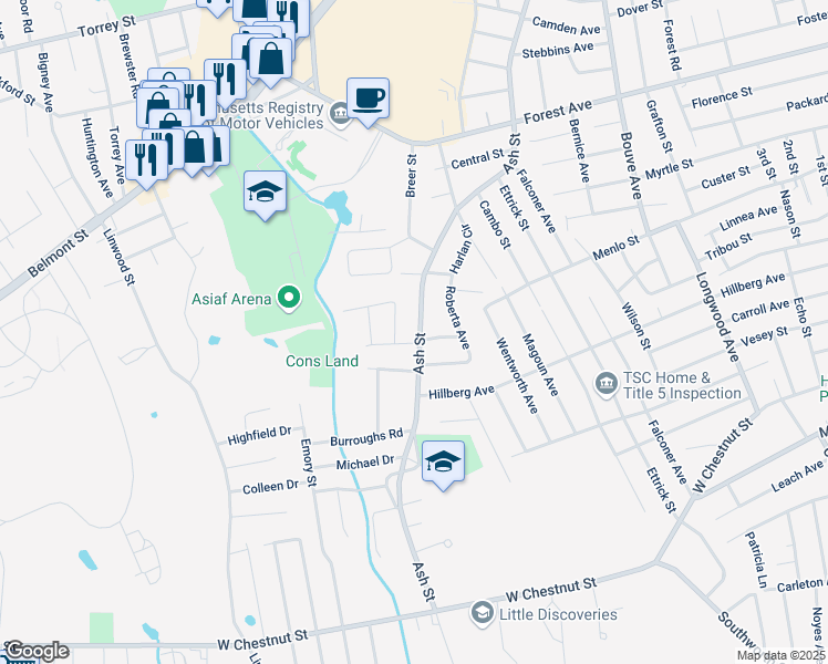 map of restaurants, bars, coffee shops, grocery stores, and more near 735 Ash Street in Brockton