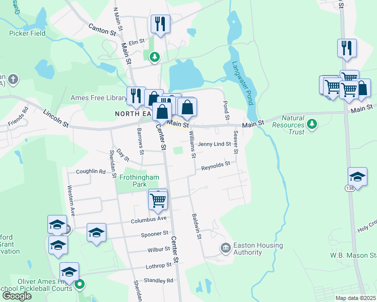 map of restaurants, bars, coffee shops, grocery stores, and more near 16 Williams Street in Easton