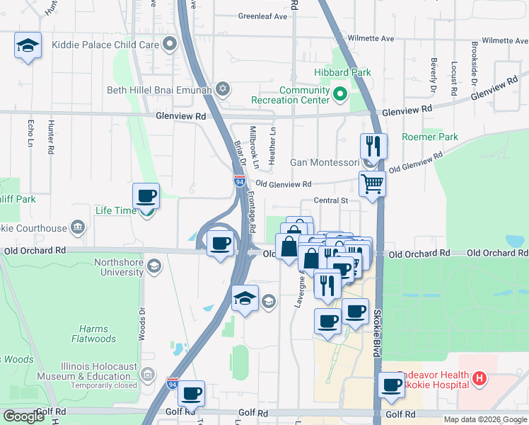 map of restaurants, bars, coffee shops, grocery stores, and more near 5029 Culver Street in Skokie