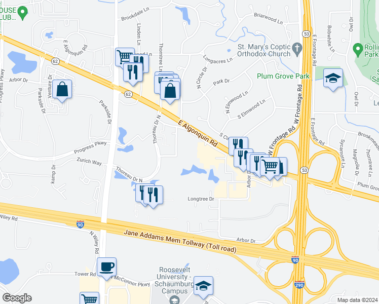 map of restaurants, bars, coffee shops, grocery stores, and more near 1931 Prairie Square in Schaumburg