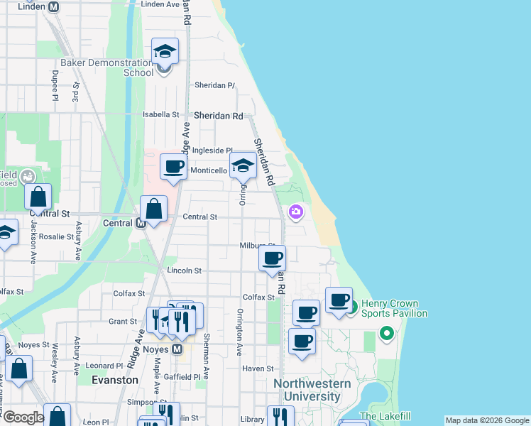 map of restaurants, bars, coffee shops, grocery stores, and more near 621 Central Street in Evanston
