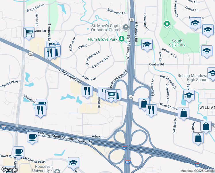 map of restaurants, bars, coffee shops, grocery stores, and more near 2000 East Algonquin Road in Palatine
