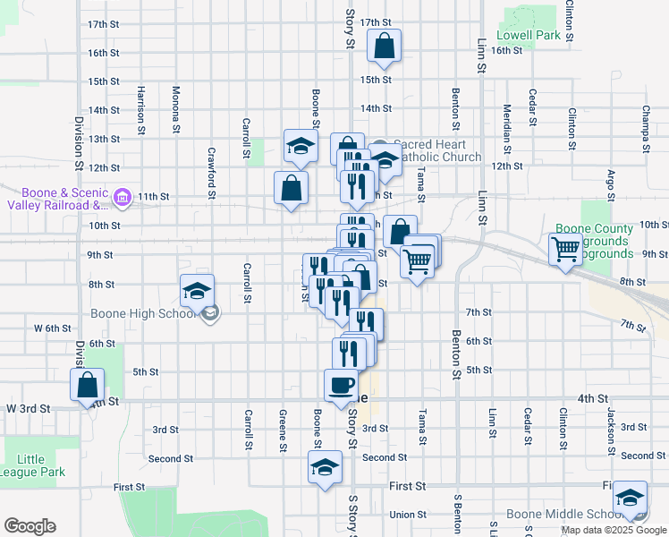 map of restaurants, bars, coffee shops, grocery stores, and more near 813 1/2 Keeler Street in Boone