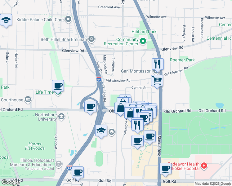map of restaurants, bars, coffee shops, grocery stores, and more near 5029 Culver Street in Skokie