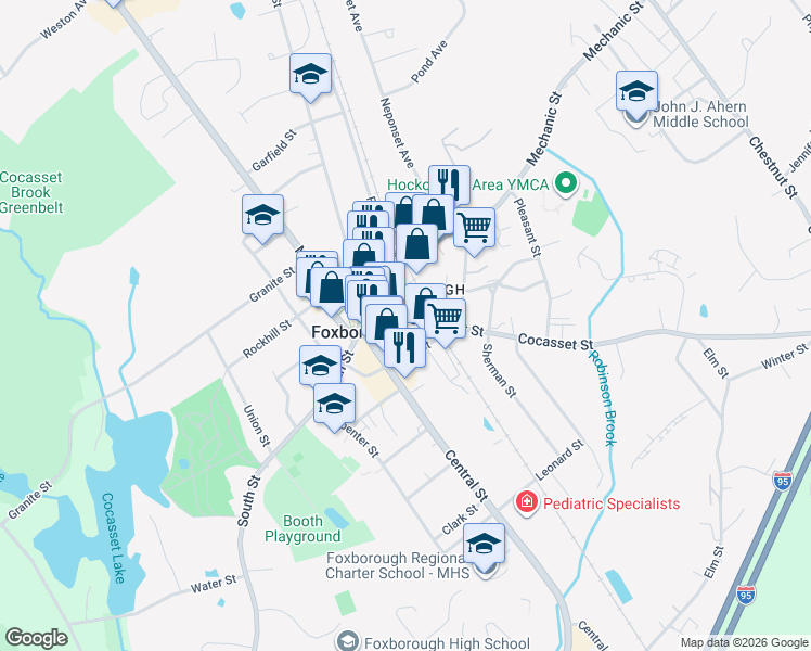 map of restaurants, bars, coffee shops, grocery stores, and more near 15 Cocasset Street in Foxborough