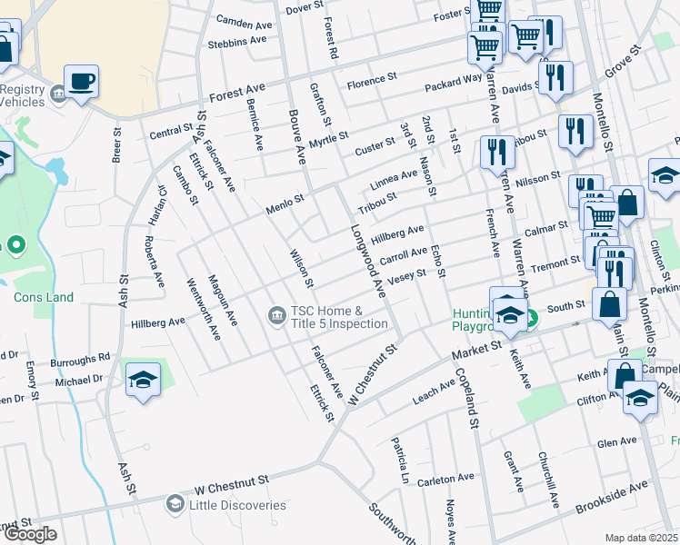 map of restaurants, bars, coffee shops, grocery stores, and more near 157 Carroll Avenue in Brockton