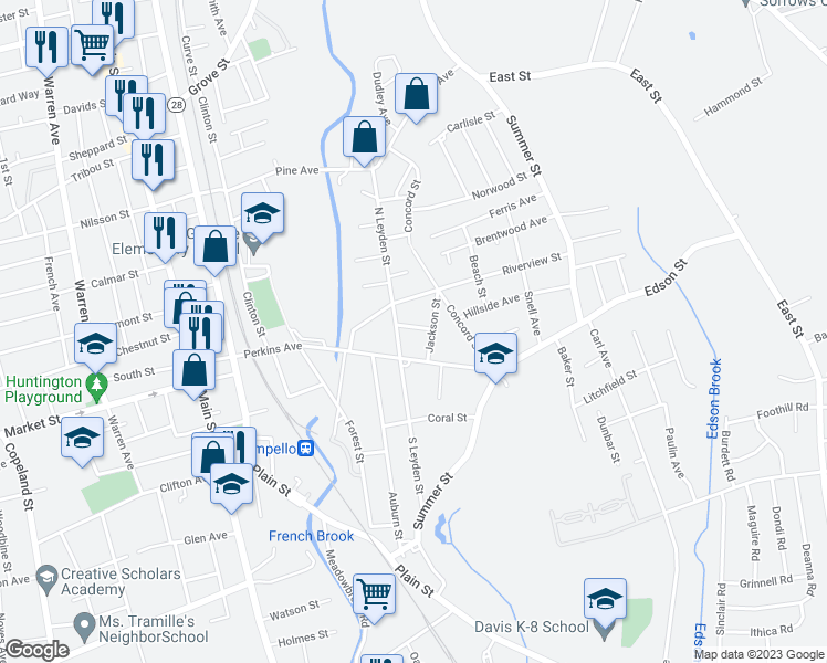 map of restaurants, bars, coffee shops, grocery stores, and more near 17 Sansom Street in Brockton