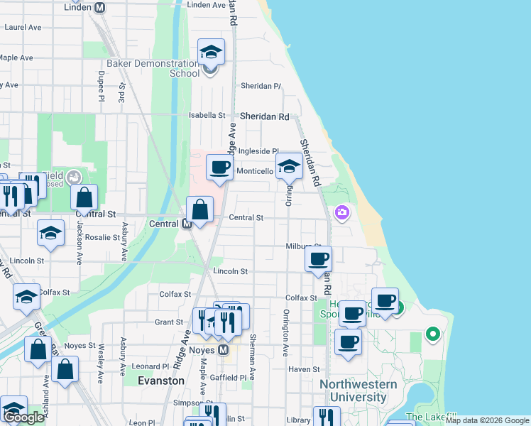 map of restaurants, bars, coffee shops, grocery stores, and more near 725 Central Street in Evanston