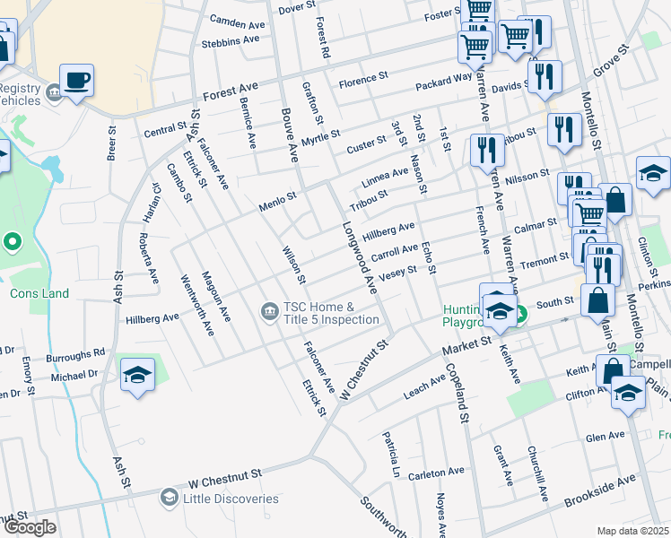 map of restaurants, bars, coffee shops, grocery stores, and more near 157 Carroll Avenue in Brockton