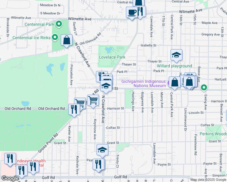 map of restaurants, bars, coffee shops, grocery stores, and more near 3306 Central Street in Evanston