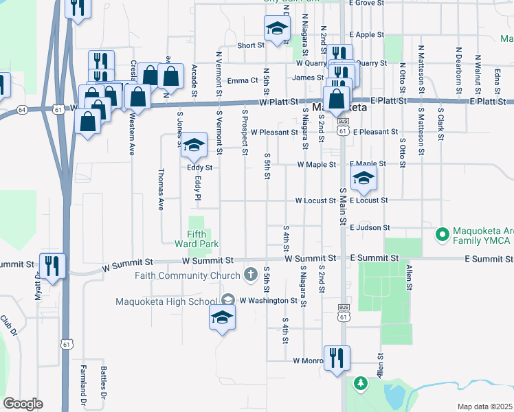 map of restaurants, bars, coffee shops, grocery stores, and more near 501-511 West Locust Street in Maquoketa