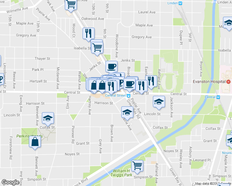 map of restaurants, bars, coffee shops, grocery stores, and more near Central Street & Prairie Avenue in Evanston