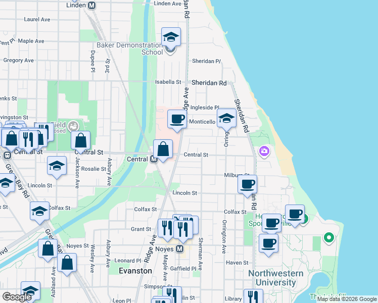 map of restaurants, bars, coffee shops, grocery stores, and more near 817 Central Street in Evanston