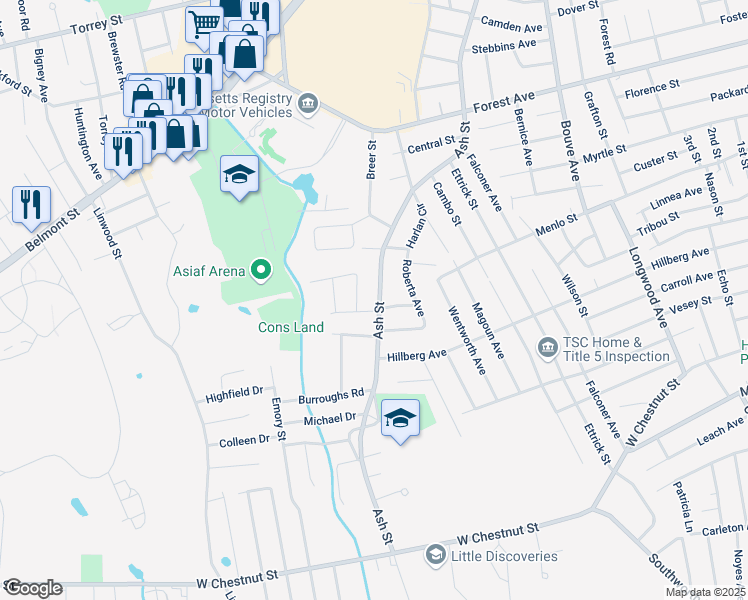 map of restaurants, bars, coffee shops, grocery stores, and more near 735 Ash Street in Brockton