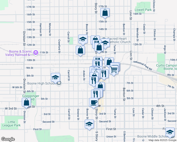 map of restaurants, bars, coffee shops, grocery stores, and more near 813 Keeler Street in Boone