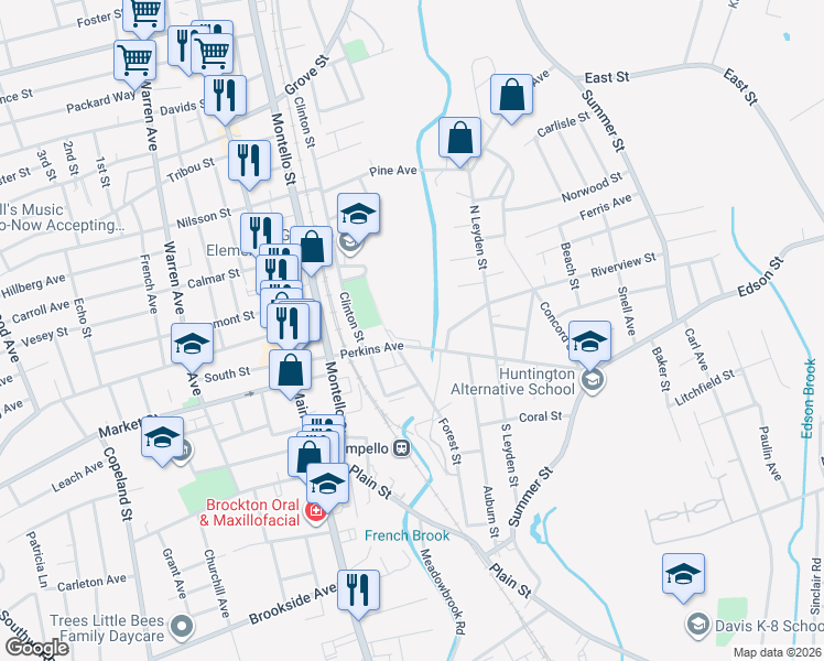 map of restaurants, bars, coffee shops, grocery stores, and more near 100 Perkins Avenue in Brockton