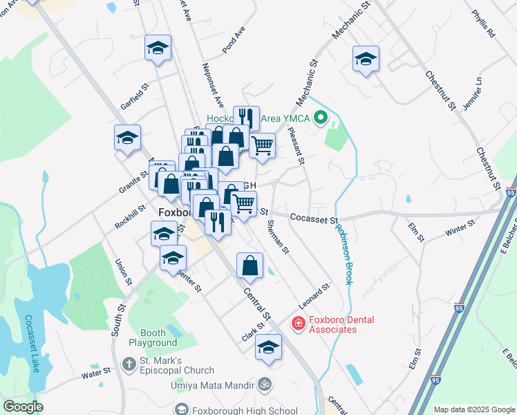 map of restaurants, bars, coffee shops, grocery stores, and more near 36 Cocasset Street in Foxborough