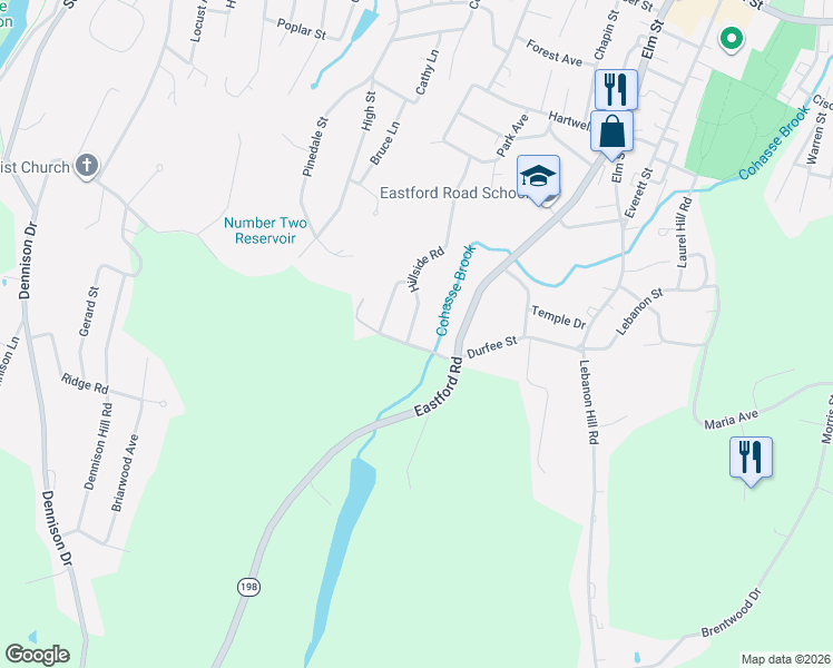 map of restaurants, bars, coffee shops, grocery stores, and more near 8 Hillside Road in Southbridge