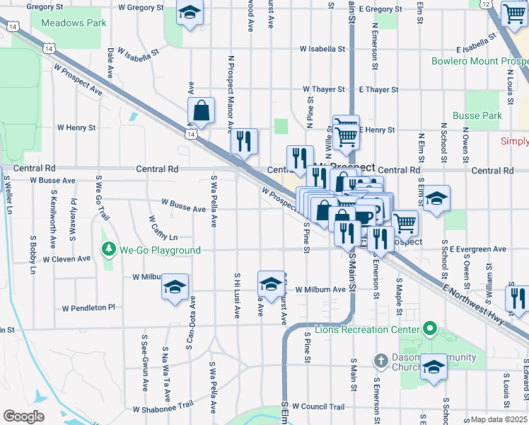 map of restaurants, bars, coffee shops, grocery stores, and more near 101 South I Oka Avenue in Mount Prospect