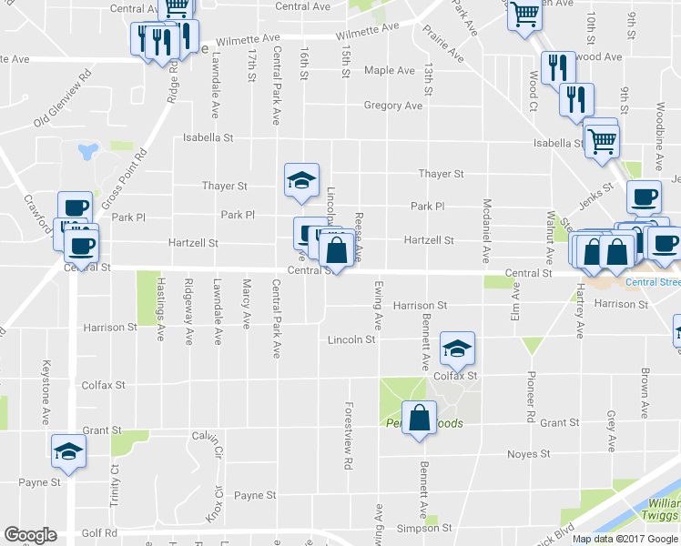 map of restaurants, bars, coffee shops, grocery stores, and more near 2902 Central St in Evanston