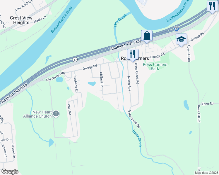 map of restaurants, bars, coffee shops, grocery stores, and more near 2705 Arbor Place in Vestal