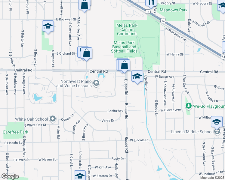 map of restaurants, bars, coffee shops, grocery stores, and more near 1615 East Central Road in Arlington Heights