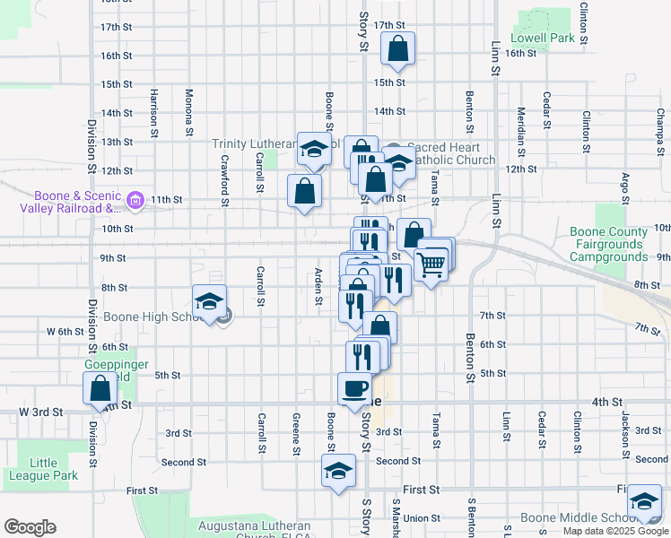 map of restaurants, bars, coffee shops, grocery stores, and more near 813 1/2 Keeler Street in Boone