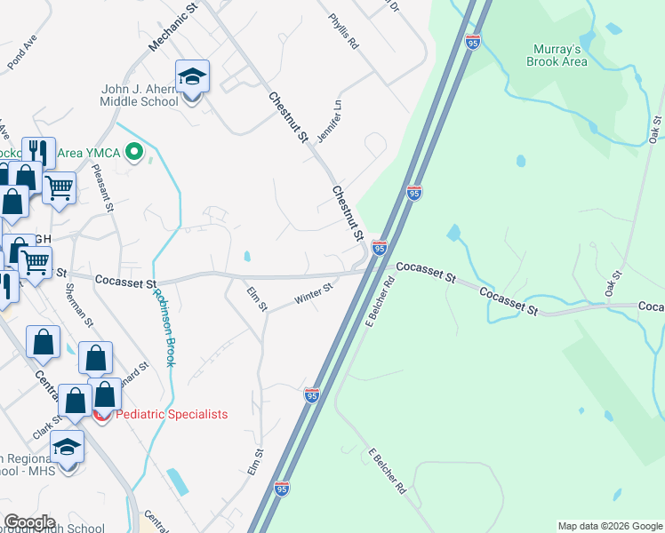 map of restaurants, bars, coffee shops, grocery stores, and more near 130 Cocasset Street in Foxborough