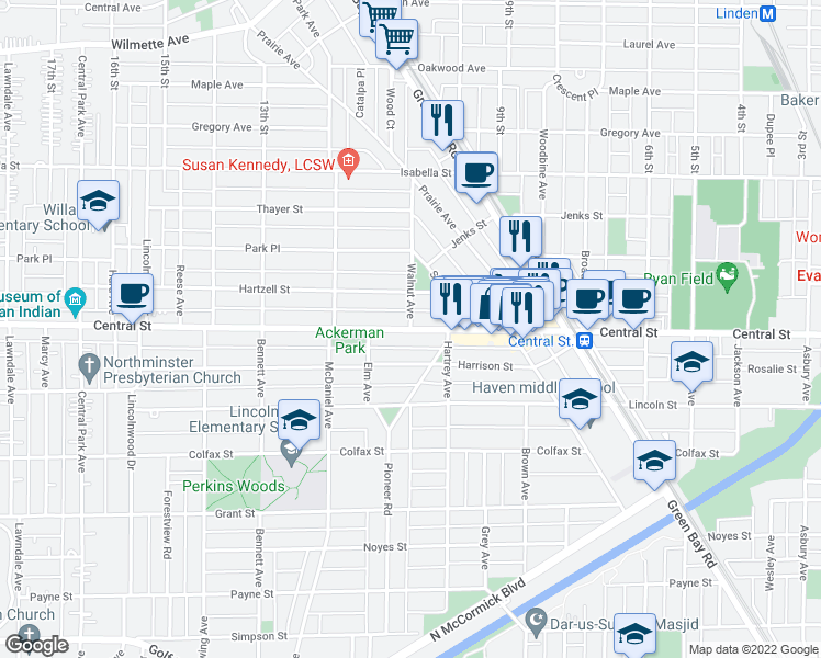 map of restaurants, bars, coffee shops, grocery stores, and more near Central Street & Walnut Avenue in Evanston