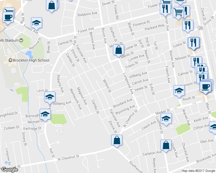 map of restaurants, bars, coffee shops, grocery stores, and more near 214 Hillberg Avenue in Brockton