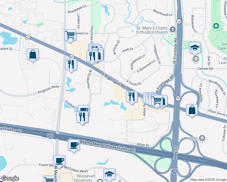 map of restaurants, bars, coffee shops, grocery stores, and more near 1939 Songsparrow Court in Schaumburg