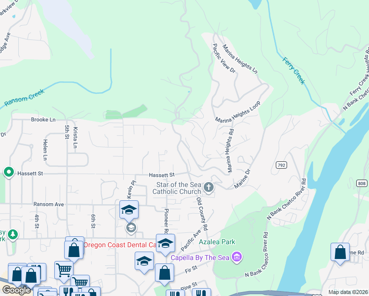 map of restaurants, bars, coffee shops, grocery stores, and more near 838 Marina Heights Road in Brookings