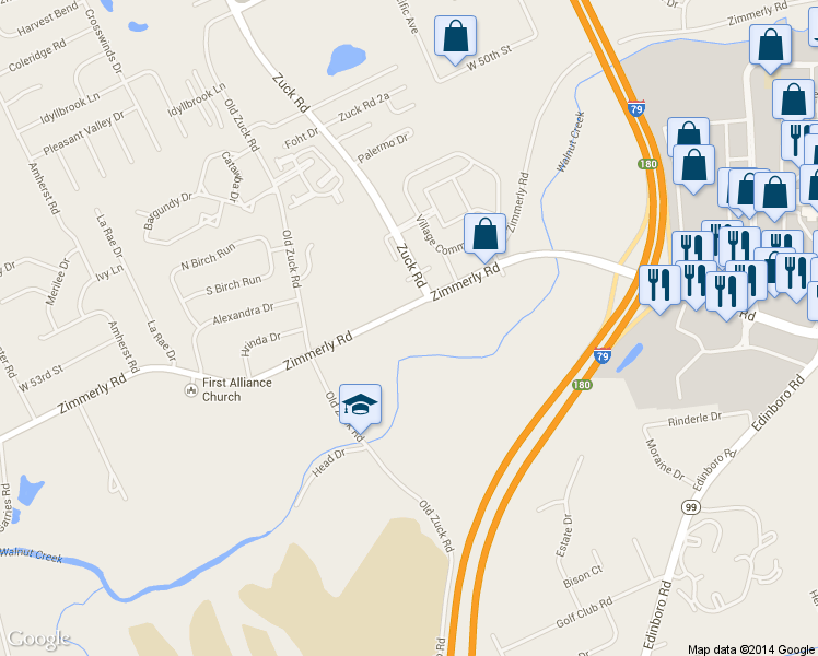 map of restaurants, bars, coffee shops, grocery stores, and more near 2559 Zimmerly Road in Erie