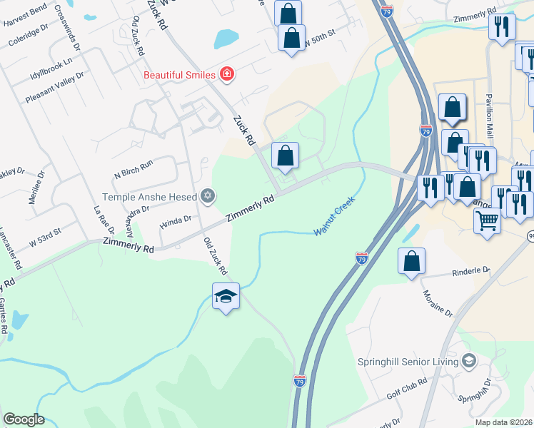 map of restaurants, bars, coffee shops, grocery stores, and more near 2559 Zimmerly Road in Erie