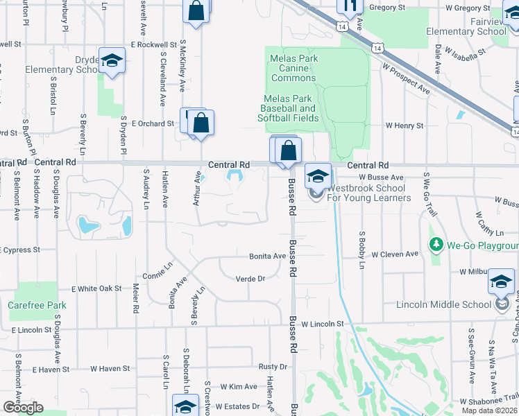 map of restaurants, bars, coffee shops, grocery stores, and more near 1615 East Central Road in Arlington Heights
