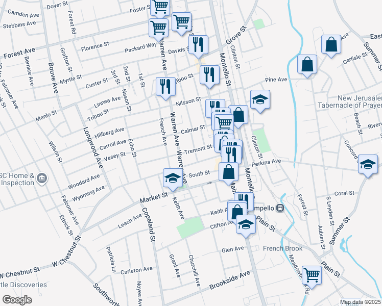 map of restaurants, bars, coffee shops, grocery stores, and more near 65 Tremont Street in Brockton