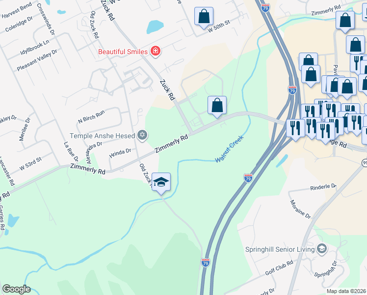 map of restaurants, bars, coffee shops, grocery stores, and more near 2559 Zimmerly Road in Erie