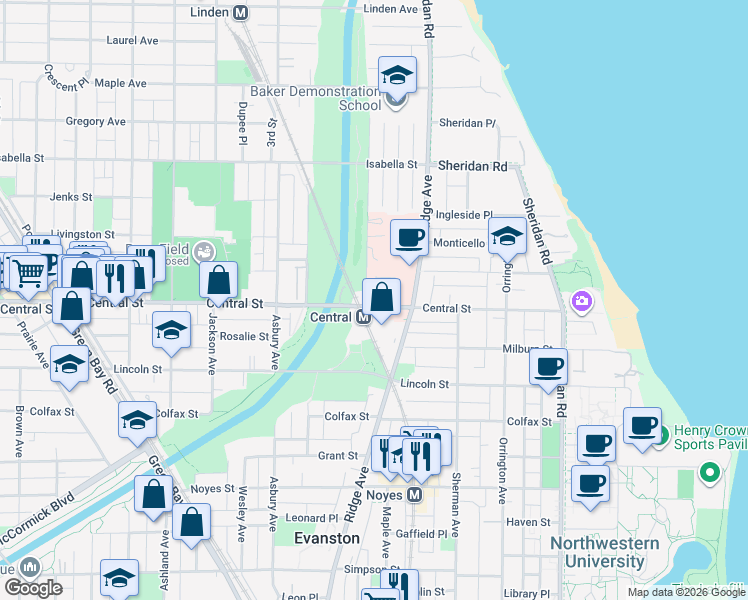 map of restaurants, bars, coffee shops, grocery stores, and more near 1022 Central Street in Evanston