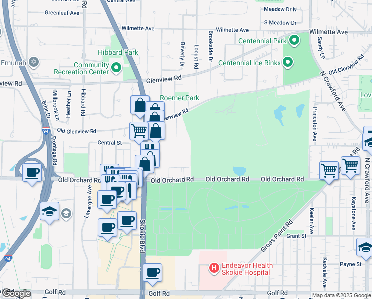 map of restaurants, bars, coffee shops, grocery stores, and more near 10115 Old Orchard Court in Skokie