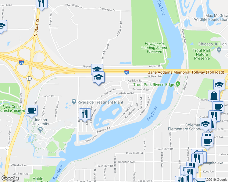 map of restaurants, bars, coffee shops, grocery stores, and more near 180 Northshore Road in Elgin