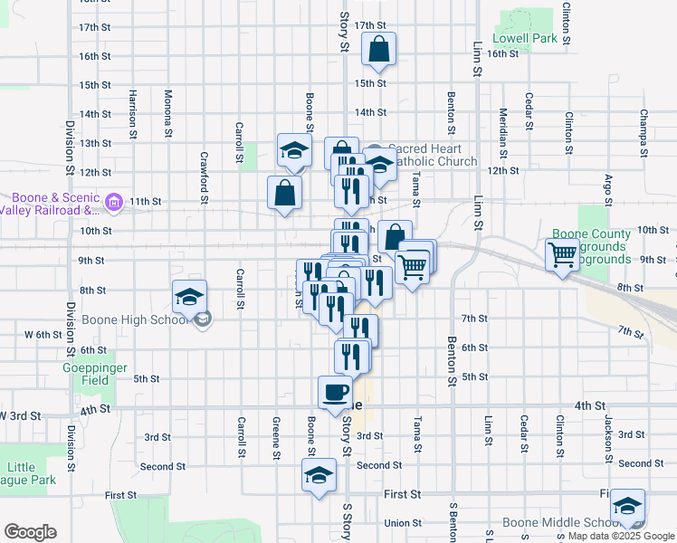 map of restaurants, bars, coffee shops, grocery stores, and more near 813 1/2 Keeler Street in Boone