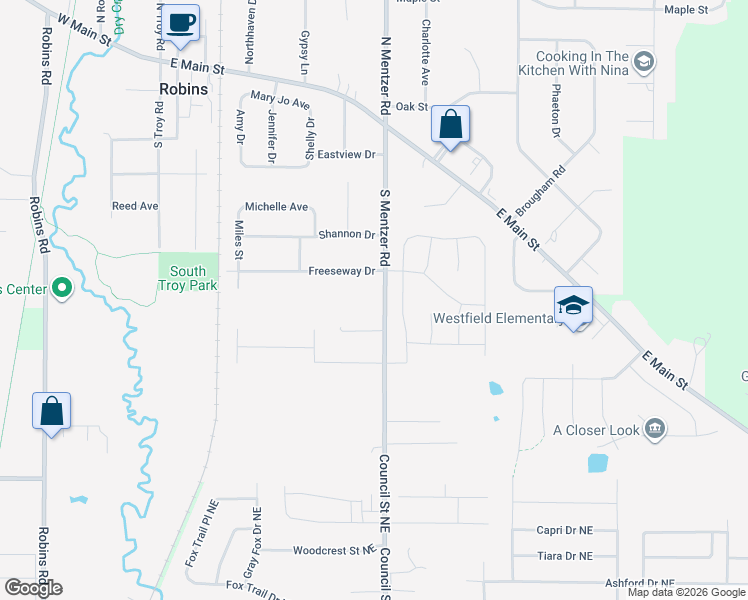map of restaurants, bars, coffee shops, grocery stores, and more near 653 South Mentzer Road in Robins