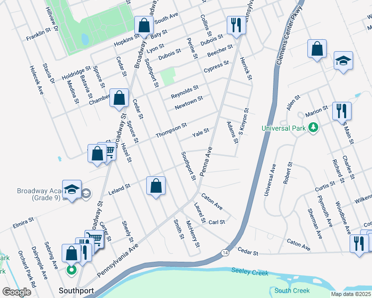 map of restaurants, bars, coffee shops, grocery stores, and more near 616 Fred Street in Elmira