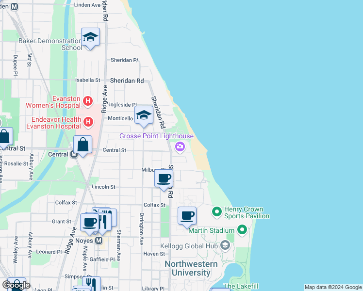 map of restaurants, bars, coffee shops, grocery stores, and more near 2603 Sheridan Road in Evanston