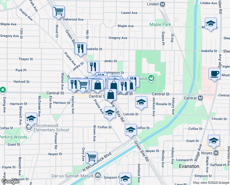 map of restaurants, bars, coffee shops, grocery stores, and more near 1805 Central Street in Evanston