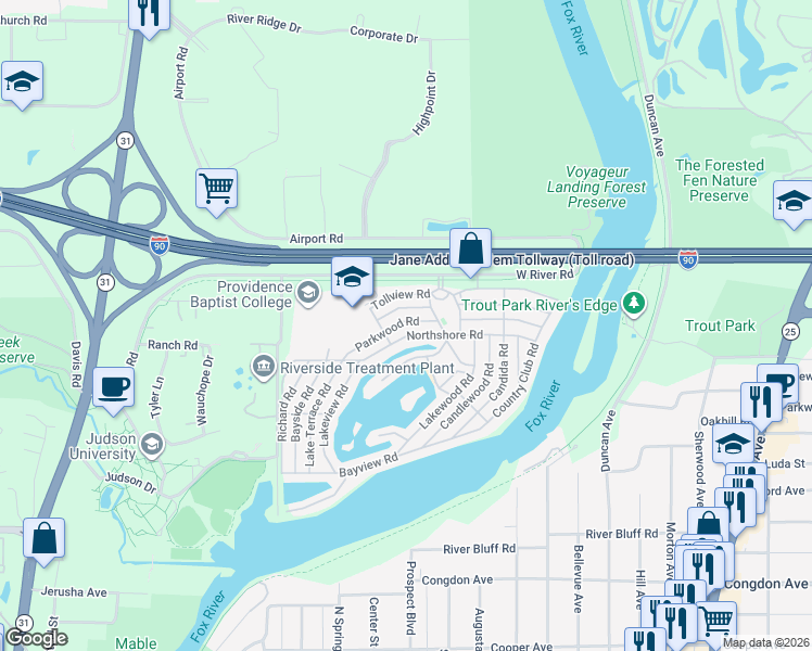 map of restaurants, bars, coffee shops, grocery stores, and more near 180 Northshore Road in Elgin