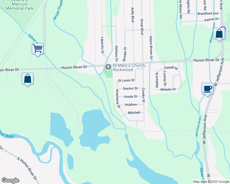 map of restaurants, bars, coffee shops, grocery stores, and more near 19548 Uroda Street in Brownstown Charter Township